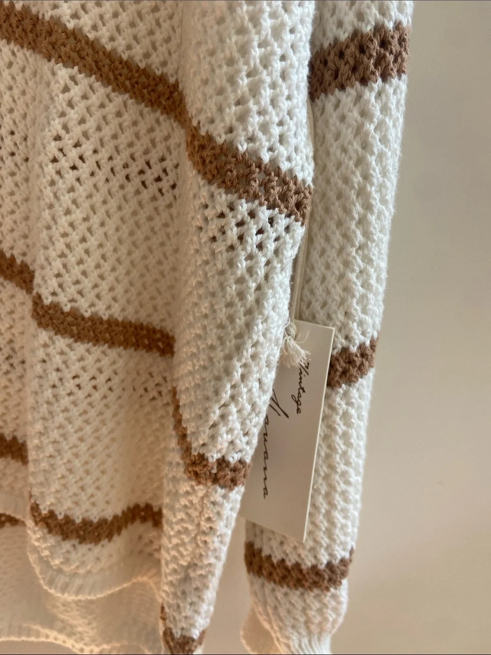 beachlunchlounge Cream & Brown Open-Knit Hoodie Sweater/ slouchy